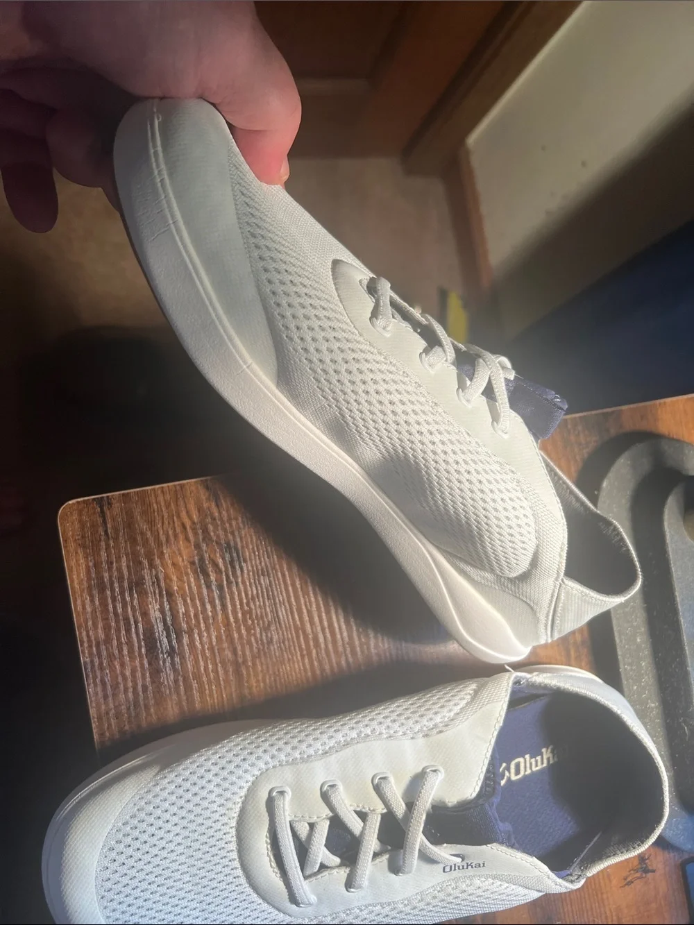 OluKai Men's White Mesh Slip-On Sneakers with Navy Lining